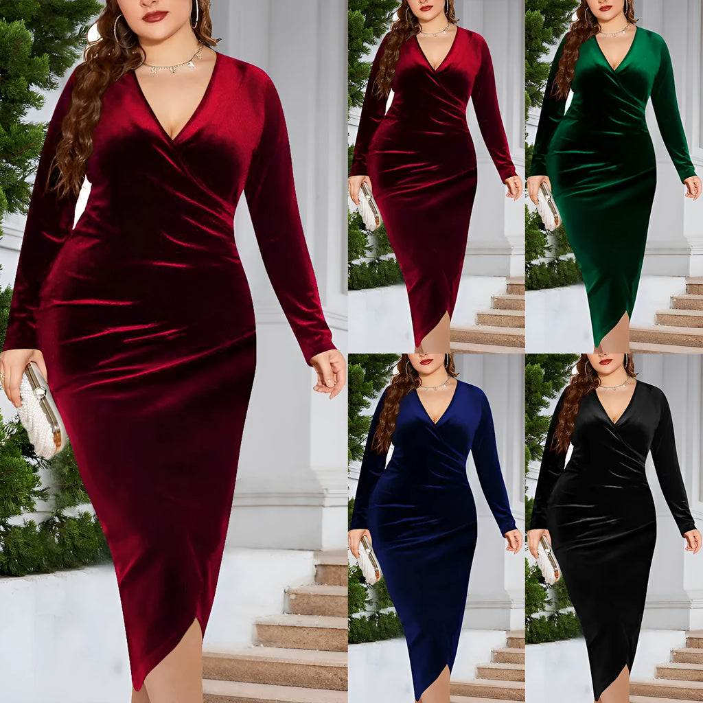 Women's V-neck dress with long sleeves in black, blue, green, or red colours