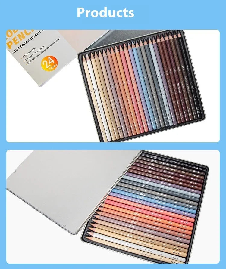 24-colour oil-based skin tone pencils for portrait art in metal tin round brush pot case