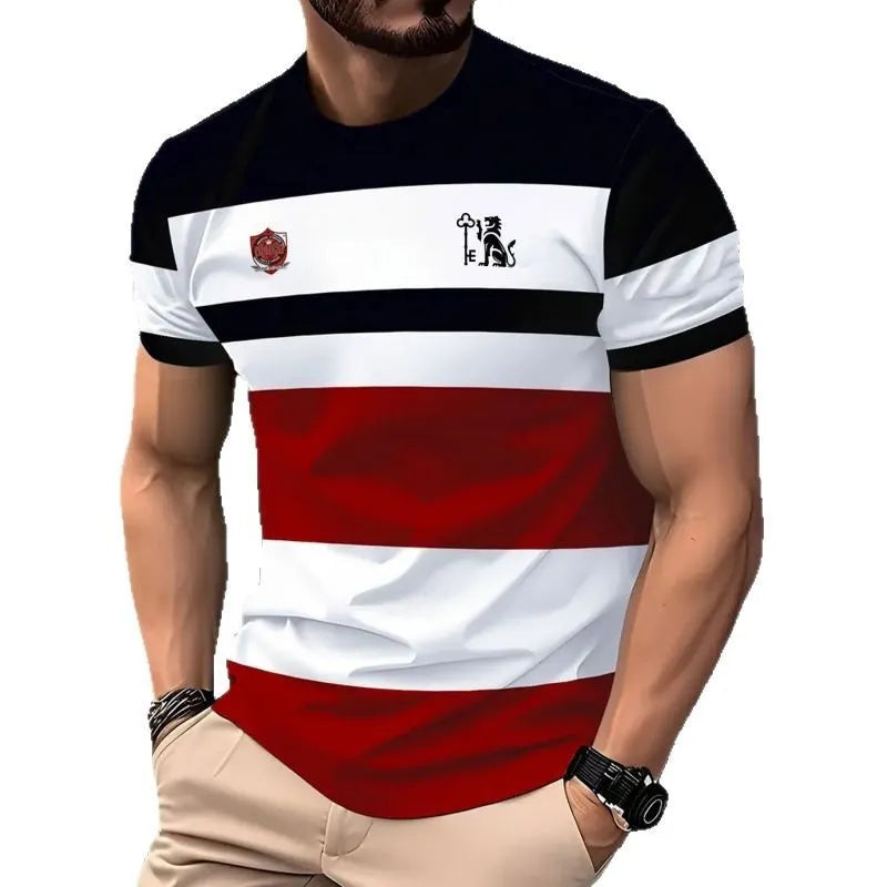 Men's loose fit casual T-shirt with digital 3D printed stripe pattern, short sleeves, polyester fabric