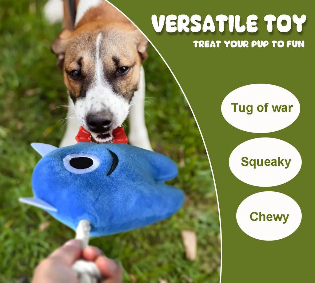 Blue or green monster plush dog toy with integrated cotton rope tug sections and a squeaker.