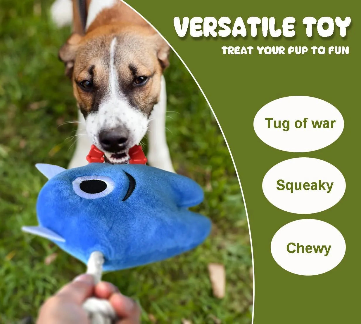 Blue or green monster plush dog toy with integrated cotton rope tug sections and a squeaker.