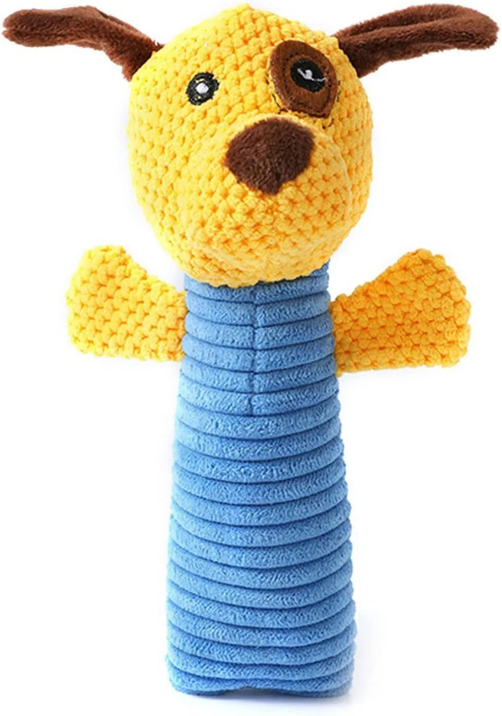 Squeaky stuffed dog chew toy in animal design for dental cleaning and teething relief