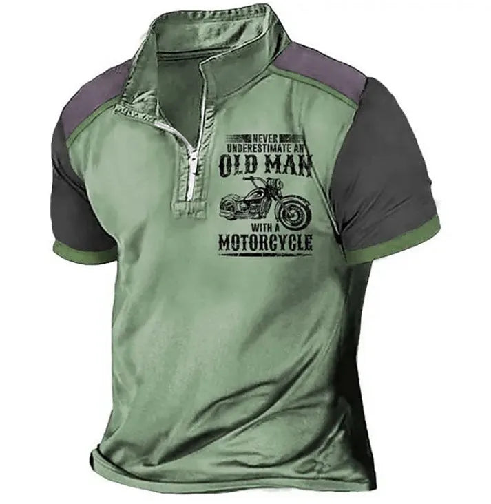 Men's casual polo shirt with digital letter print, lapel collar, and decorative zipper details on short sleeves.