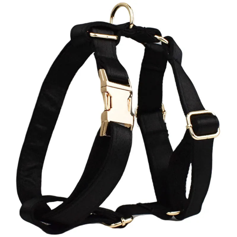 Complete dog walking set showing a cloth collar, matching leash, lightweight vest, and decorative bow for pets.