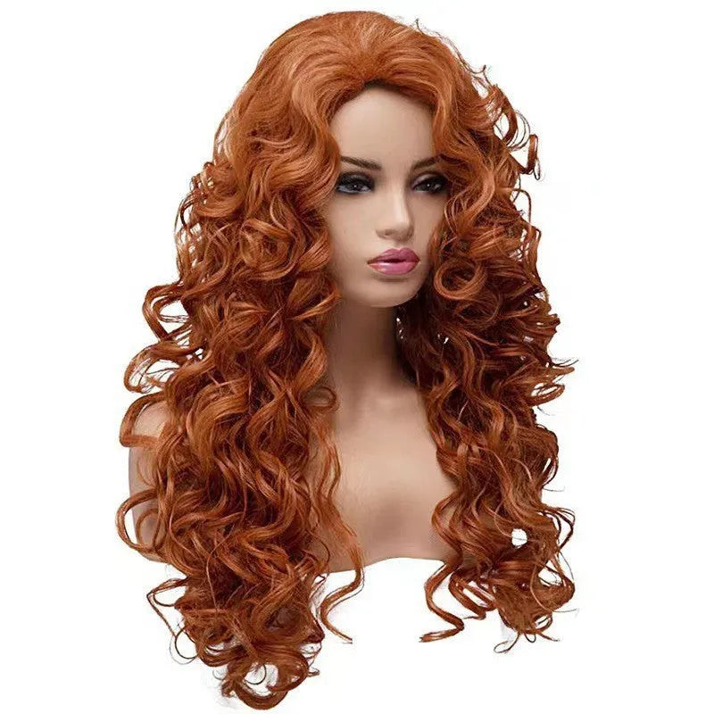 Brown long wavy curly exotic style synthetic wig on wig head