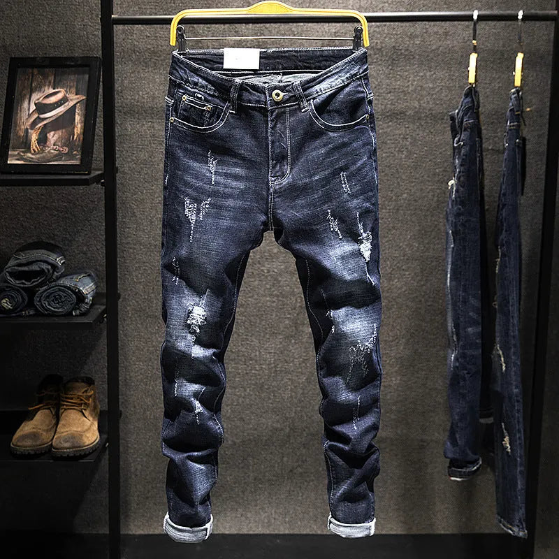 Men's slim-fit skinny jeans in blue cotton denim with stretch, shown in dark and light colour options.