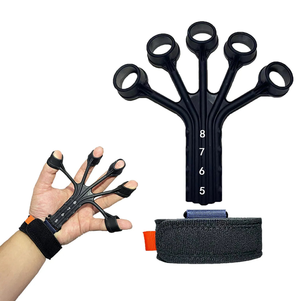 Black and grey silicone finger rehabilitation trainer with adjustable tension belts