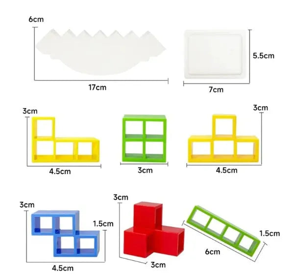 Plastic balance stacking game with 16 coloured building blocks, chassis, and base on a table