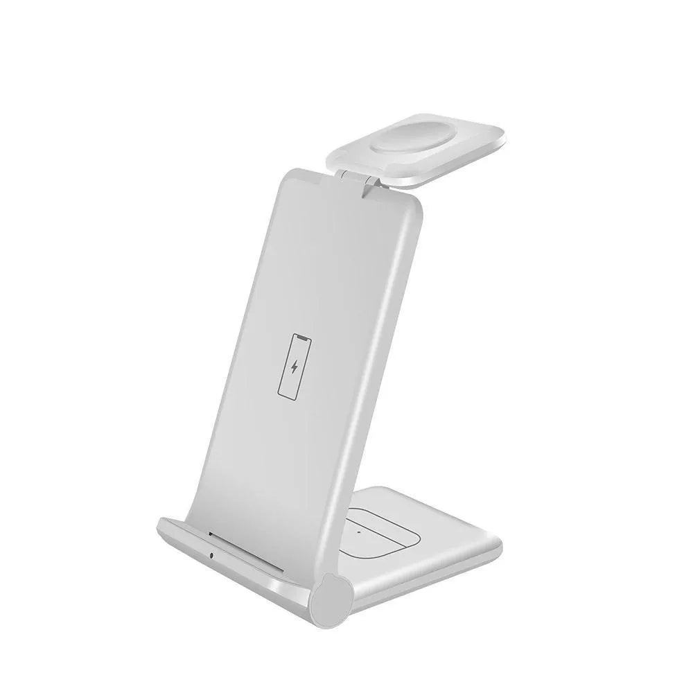 White 3-in-1 wireless charging station holding an iPhone, Apple Watch, and AirPods case.