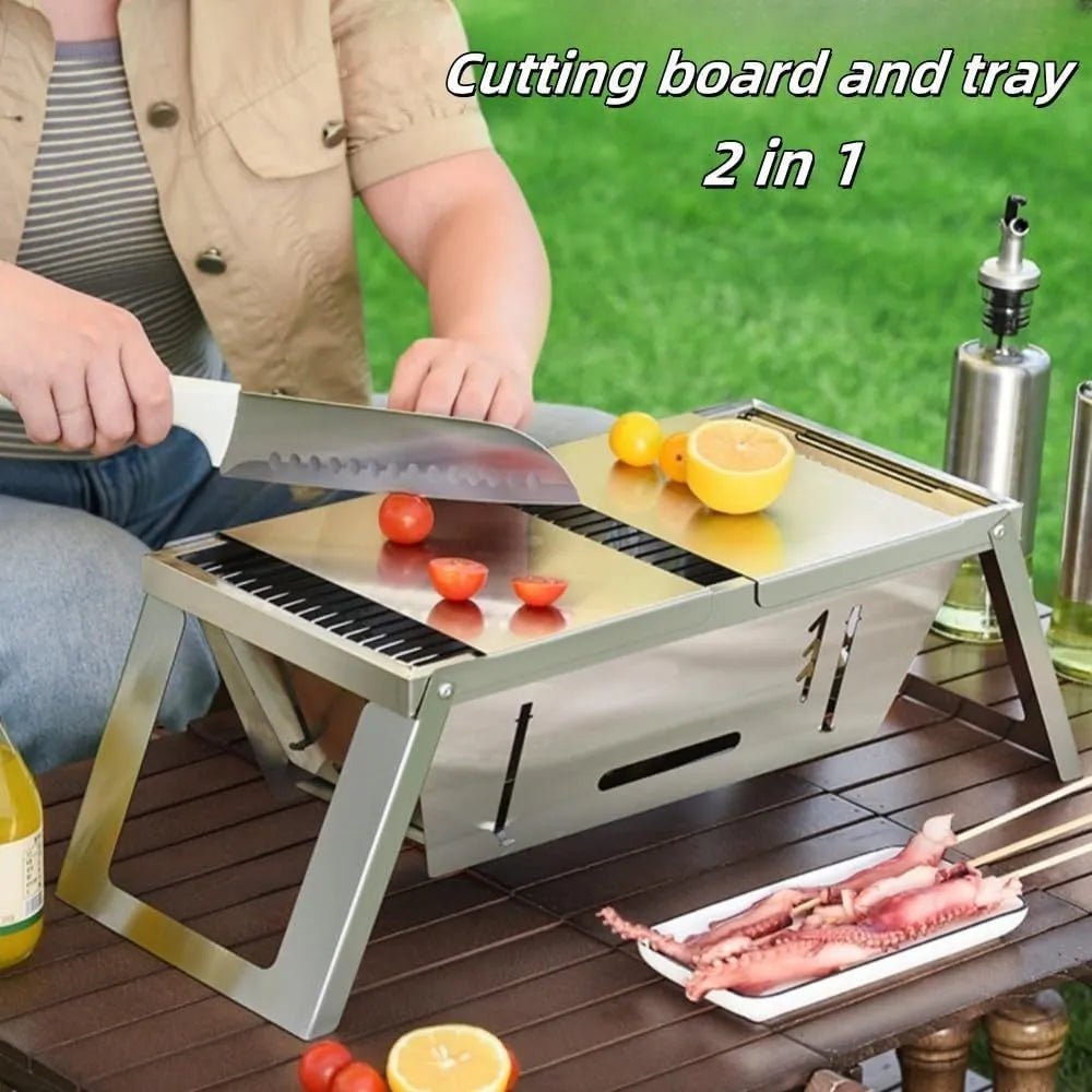Small foldable portable charcoal grill for outdoor barbecues, shown in both open and closed positions.