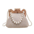 Women's woven straw shoulder bag with pearl chain strap in horizontal square shape