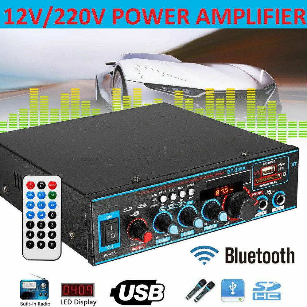 Black BT-309A-A Bluetooth power amplifier with recording function and remote control.