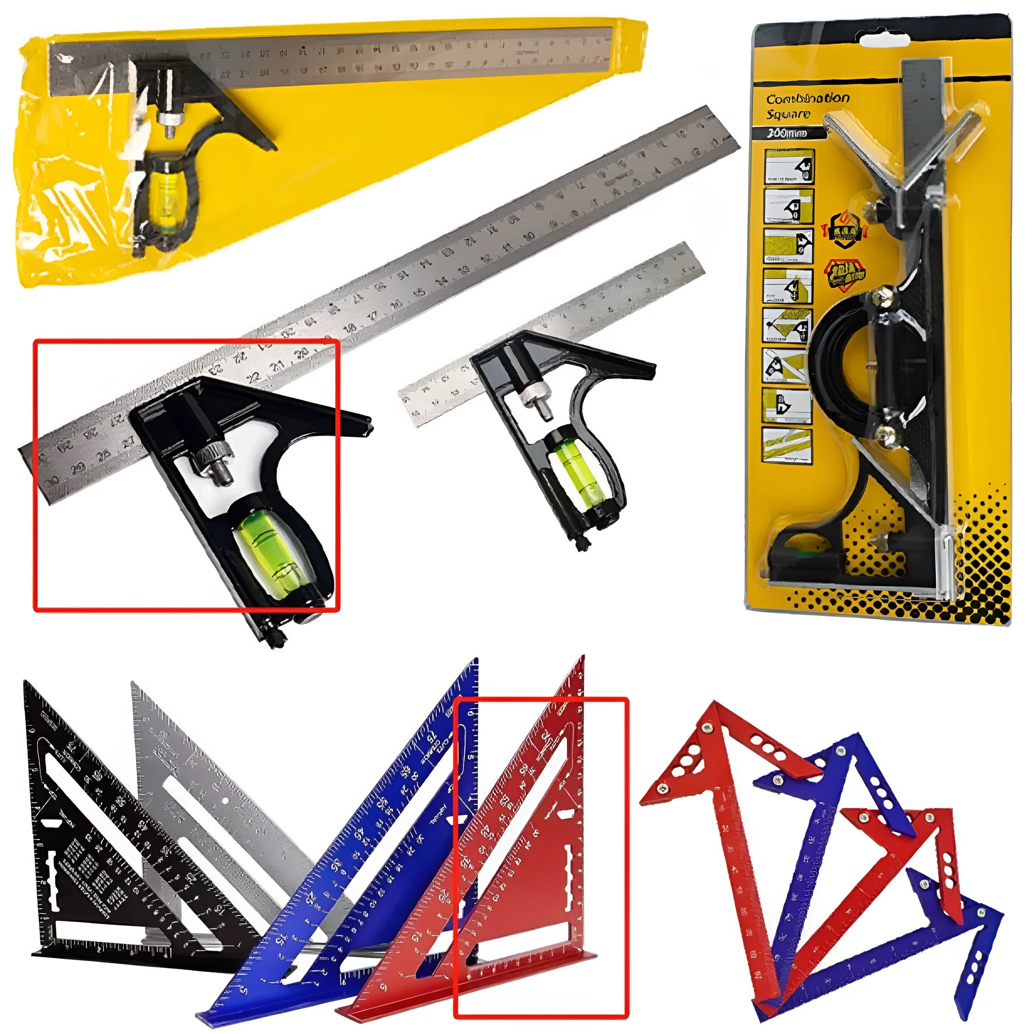 Red 7-inch metal combination angle ruler and a separate metric base ruler in a transparent bag.