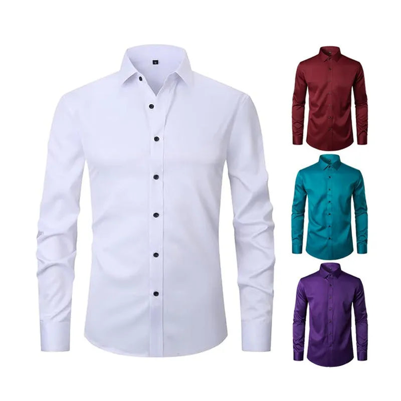 Men's stretch long sleeve work shirt in polyester available in multiple colours on a size chart