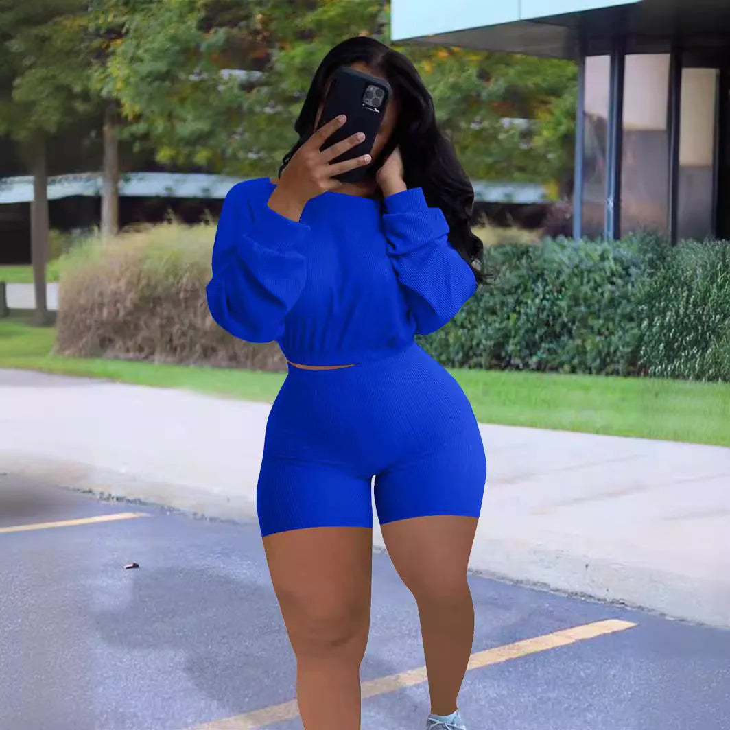 Women's sunken stripe off-the-shoulder long sleeve top with solid colour shorts in a selection of colours
