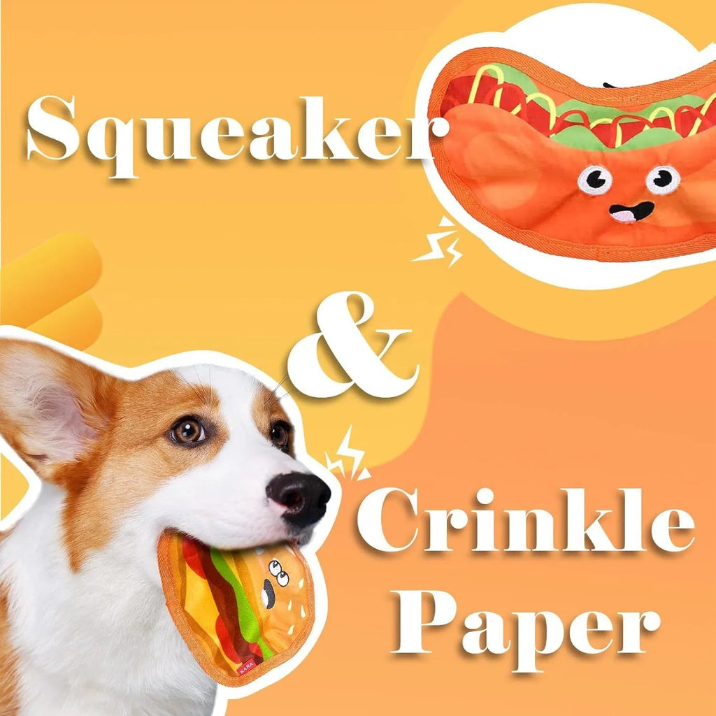 Crinkle and squeaky dog toy in hamburger, fries, hot dog, and pizza shapes.