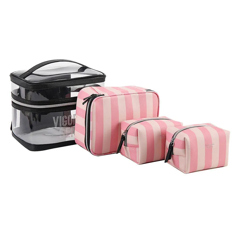 Buggy bag makeup kit in pink bold stripes with floral pattern and synthetic leather construction