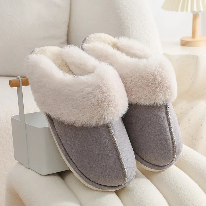 Women's plush indoor slippers with round toe, flat heel, and PVC sole in multiple colour options
