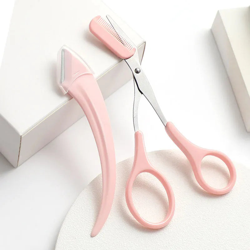 Curved moon eyebrow trimming knife set with comb in stainless steel and plastic
