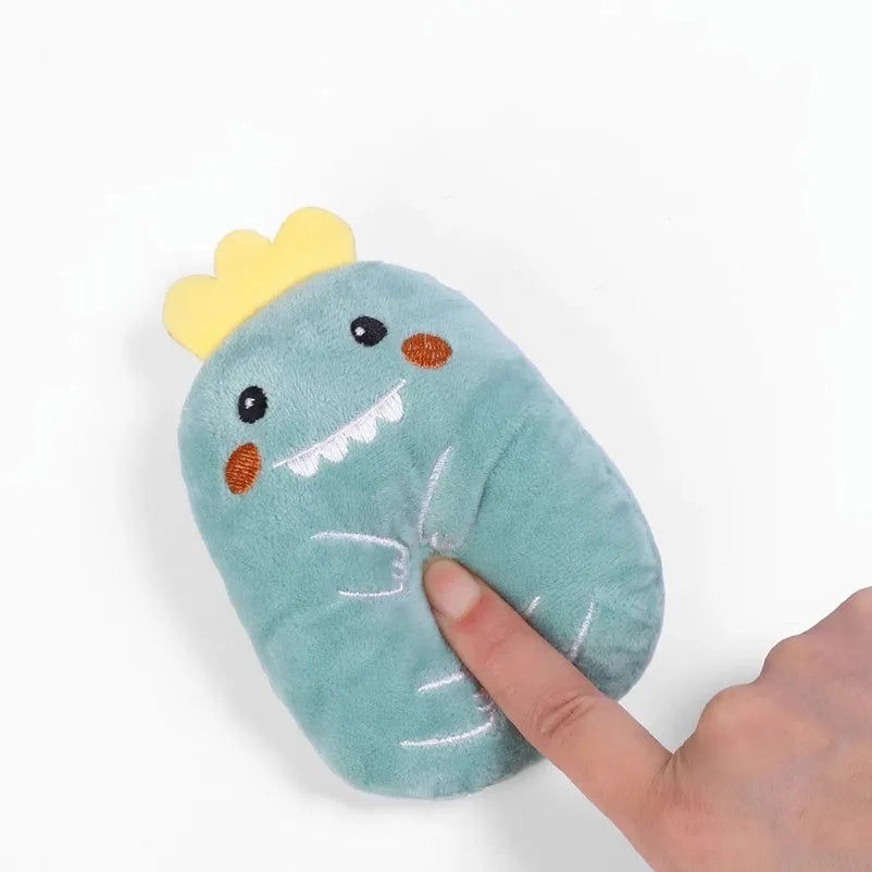 Compact plush catnip toy for teeth grinding and chewing, shown in one of six colour options
