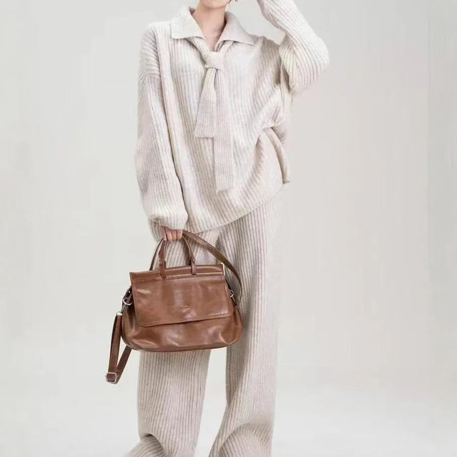 Sweater suit two-piece set featuring knit top and casual trousers in imitation cashmere fabric
