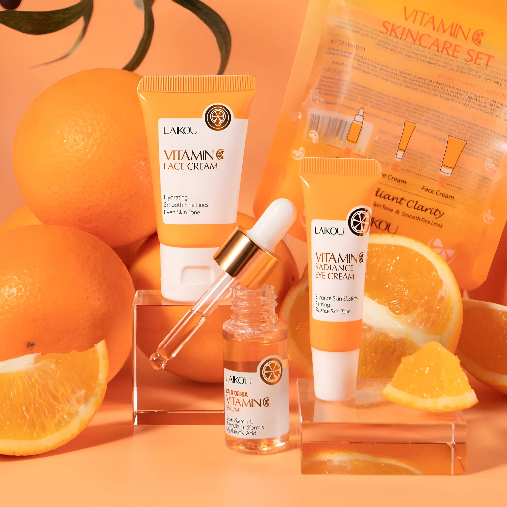 Laikou Vitamin C skin care set 3-piece set with facial cleanser eye cream and essence for brightening