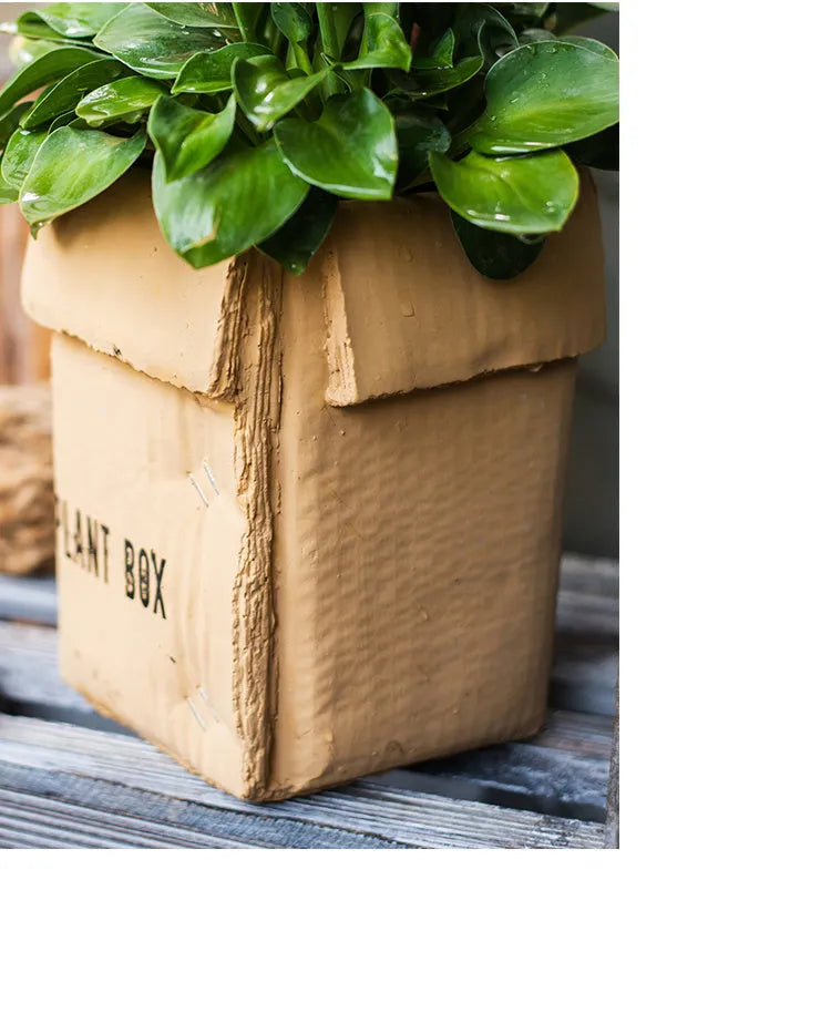Cement brown paper box design flowerpot with drainage holes for indoor planting