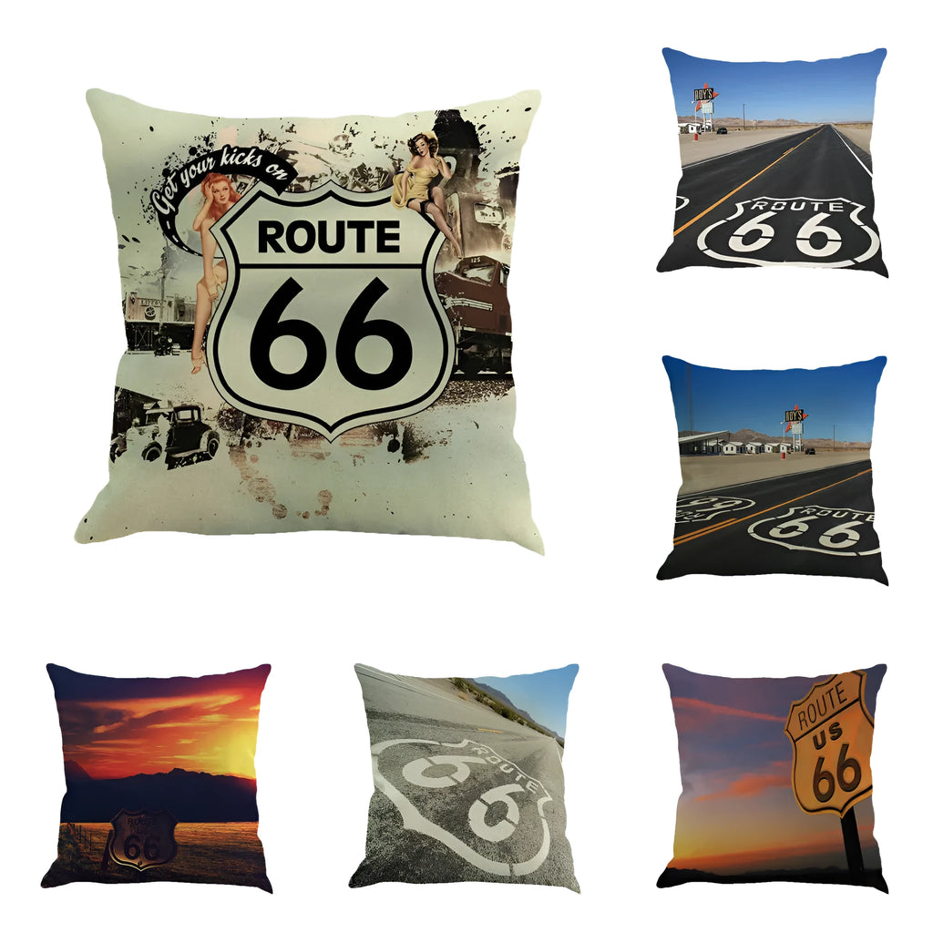 Square linen blend cushion cover with a Route 66 road landscape pattern, shown in one of six available colours.