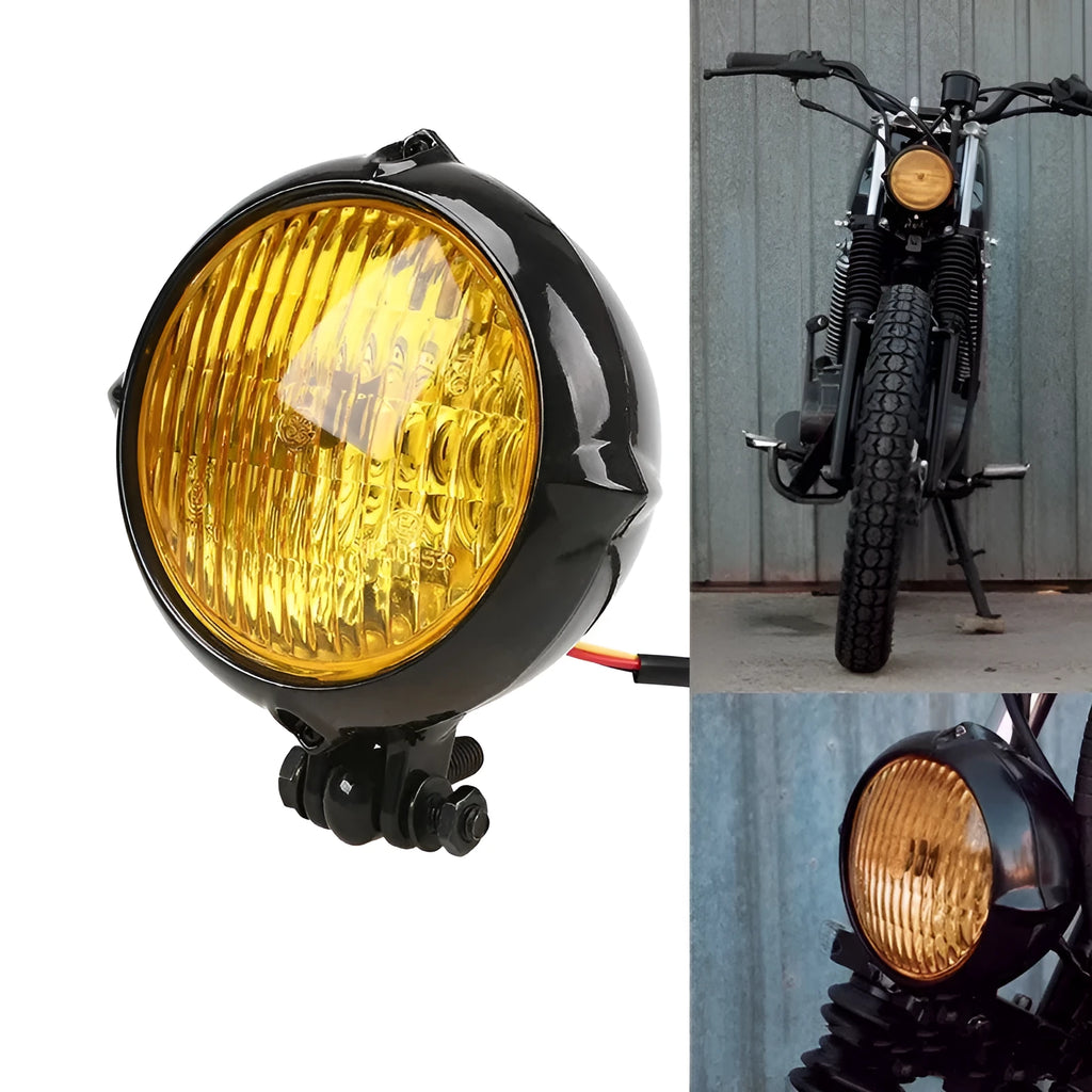 Retro-style black electroplated aluminium Harley headlamp with 8cm diameter and yellow halogen bulb