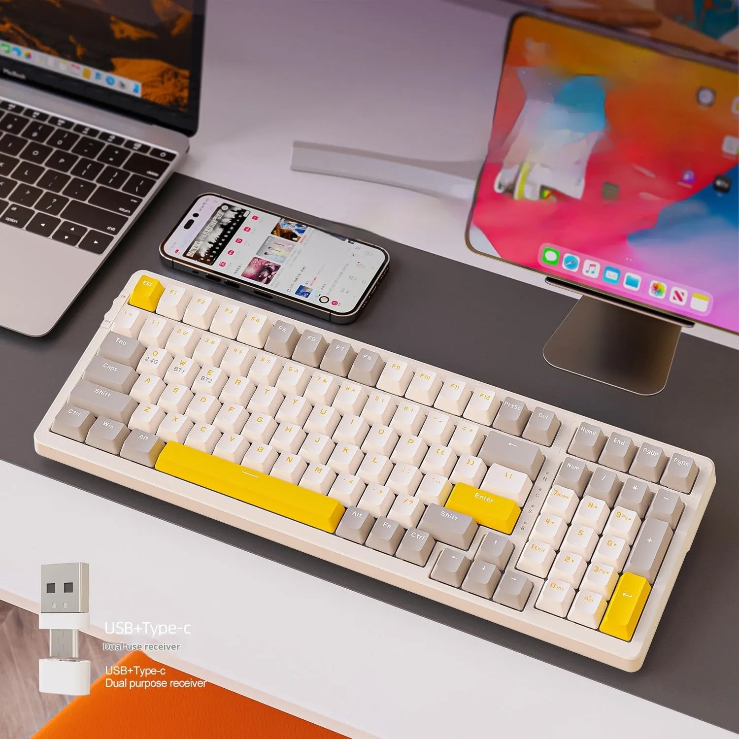 Free Wolf K96 wireless dual-mode mechanical keyboard in blueberry red switch version on a desk