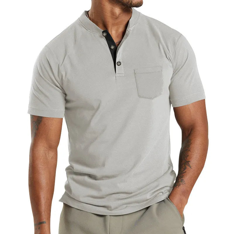 Plus size men's short sleeve button shirt with chest pocket in solid colour polyester fabric