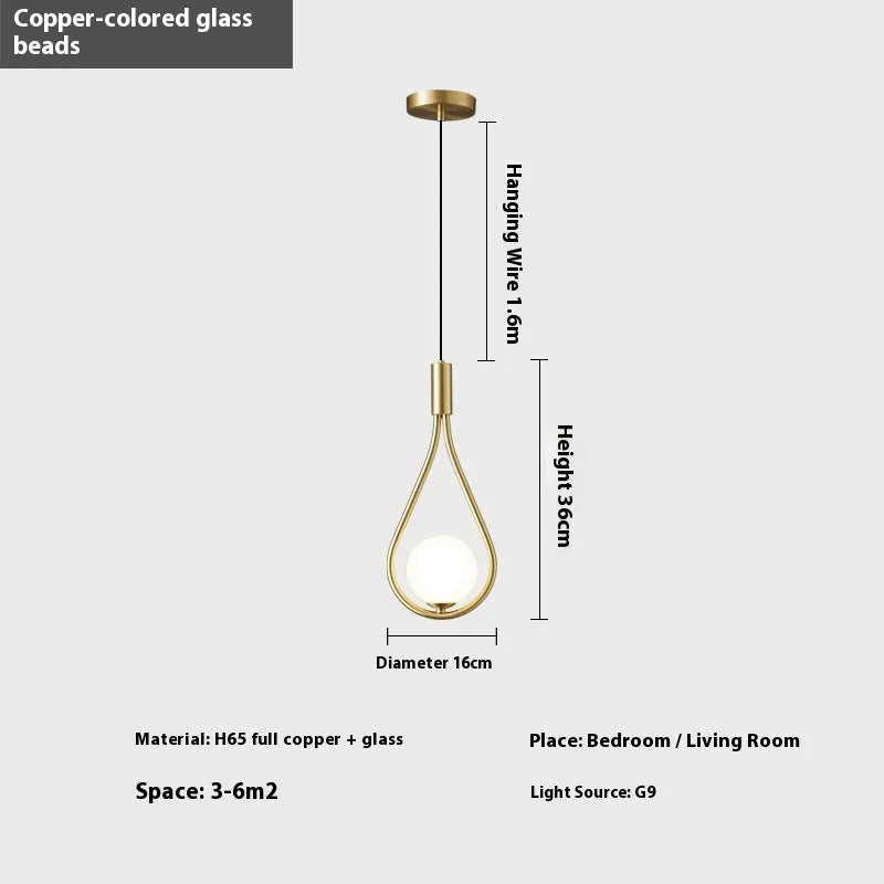 Copper modern minimalist bedroom bedside chandelier with selectable light covers including copper milky white, honeycomb, and black gold options