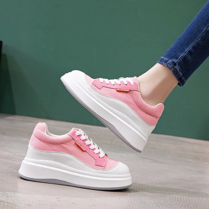 Women's beige leather platform shoes with thick soles for height increase
