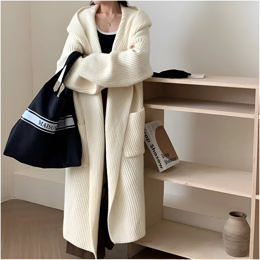 Loose-fit women's hooded cardigan coat in acrylic, shown in milky white colour