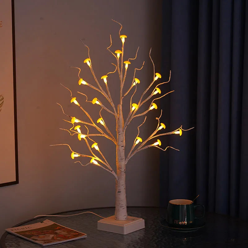 60cm tall mushroom tree LED lamp with birch design and 24 detachable plastic flowers
