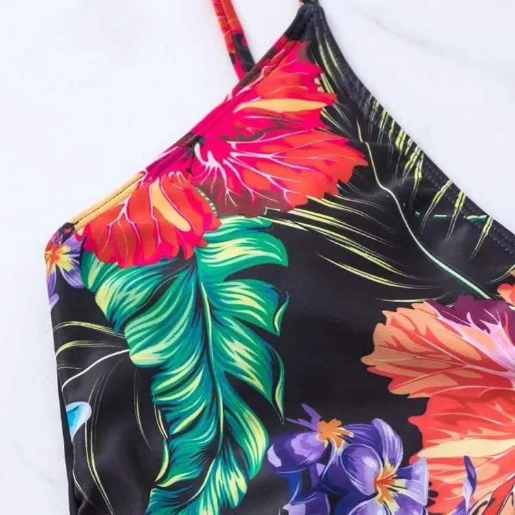 Black women's high waist briefs bikini with printed split design for sports and swimming