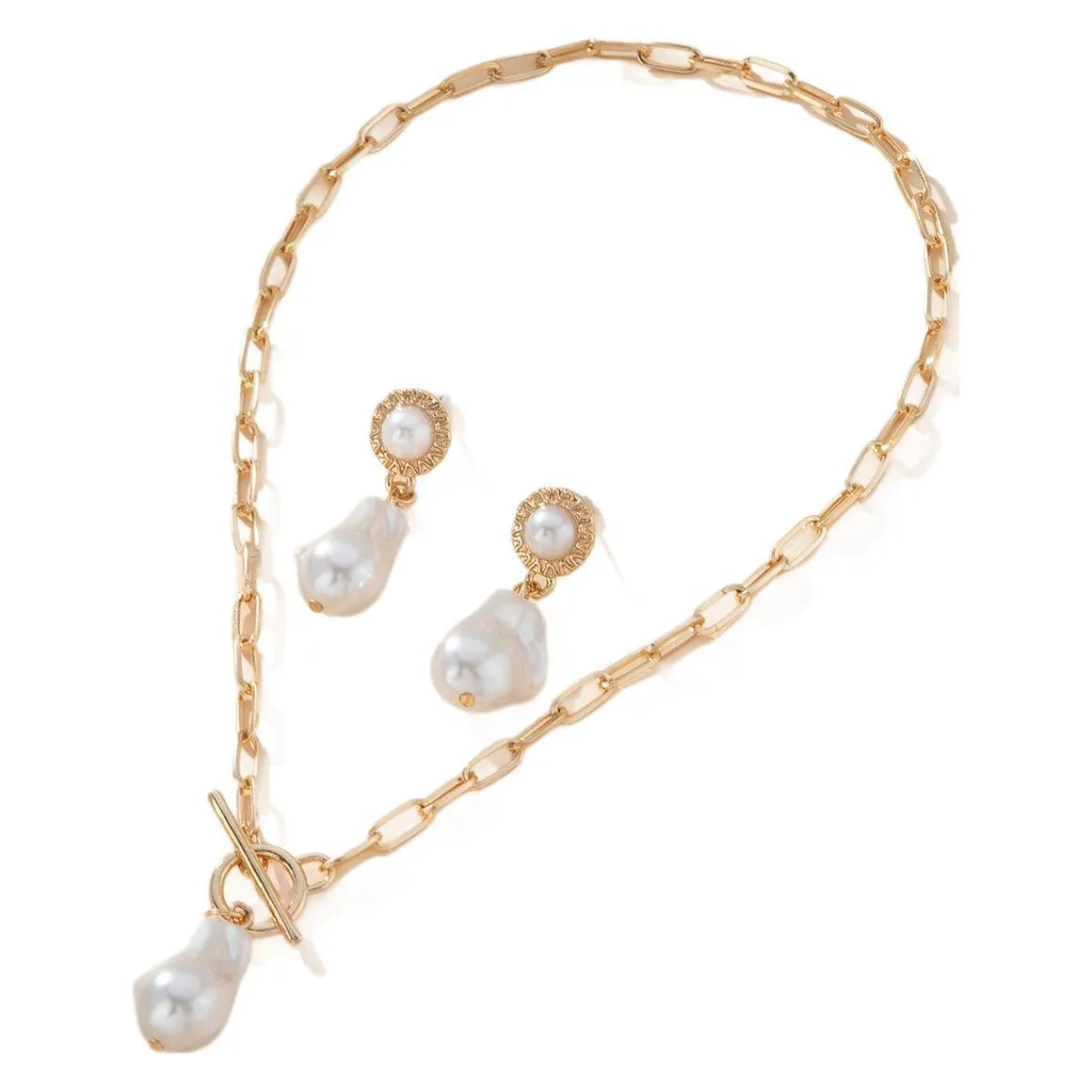 Retro baroque pearl pendant necklace and ear stud set with gold-colour iron setting