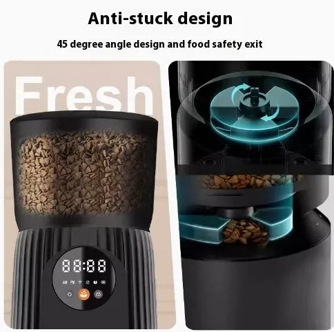 Black automatic pet feeder with food container and digital display