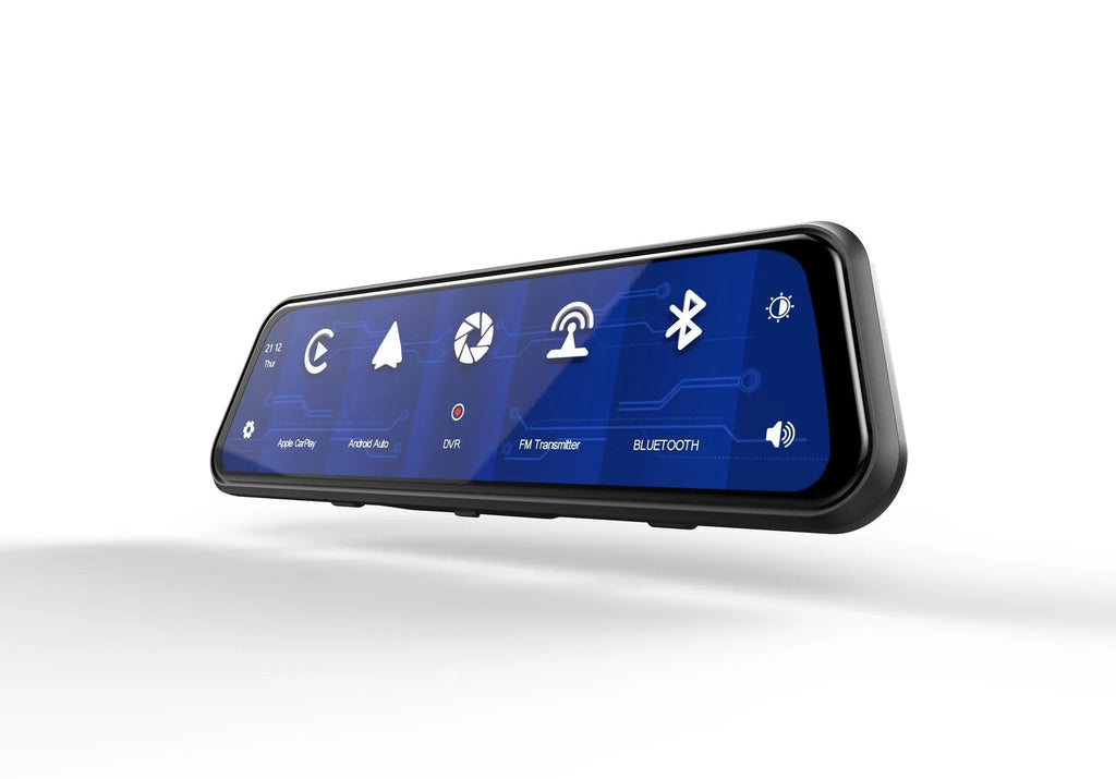 Dual-lens car dash cam with large touch screen mounted on rearview mirror.