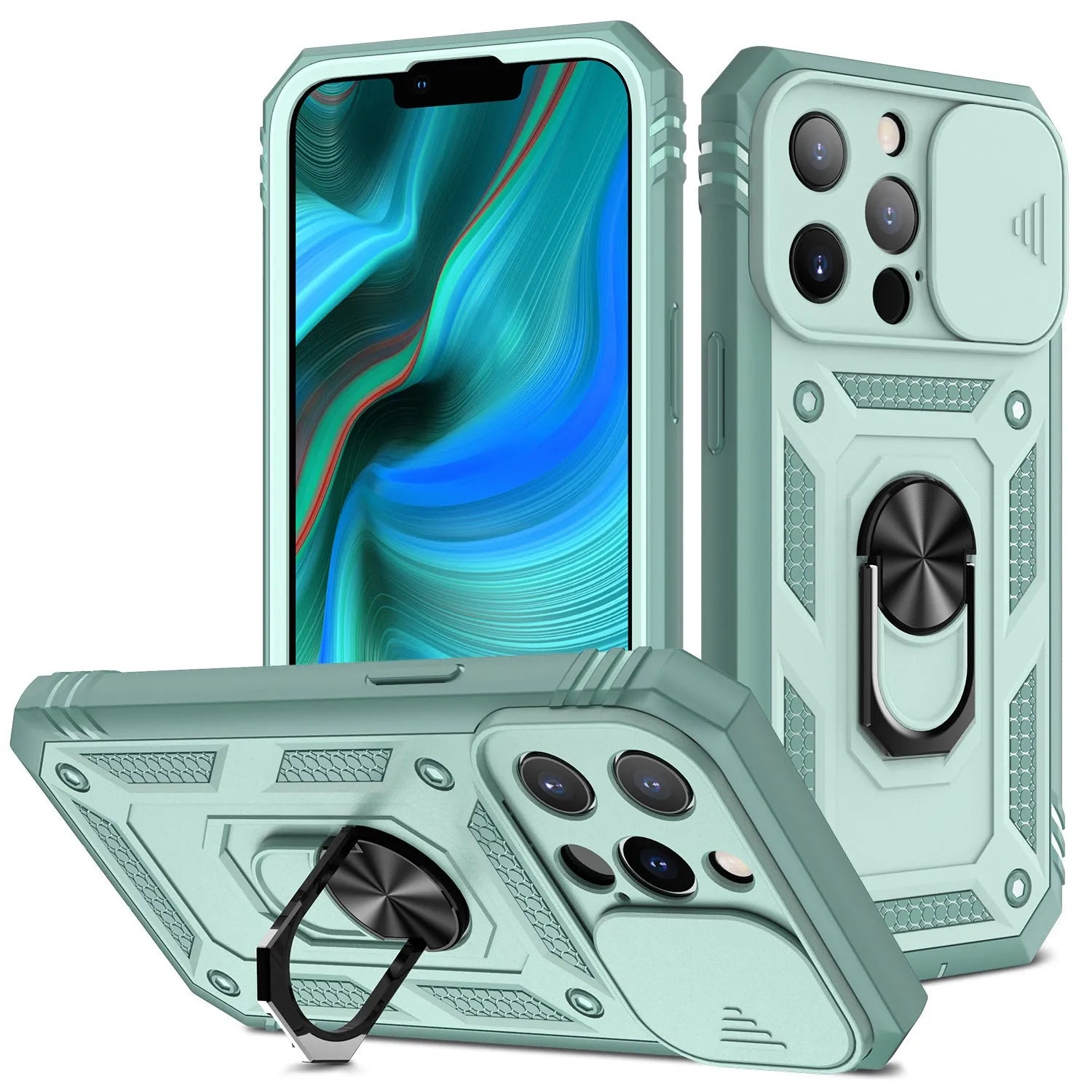 Magnetic mobile phone case with sliding window bracket in sapphire blue and grey green for Apple iPhone