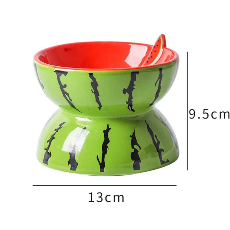 Ceramic raised cat bowl with tilted surface and anti-slip base in orange, pitaya, or watermelon pattern