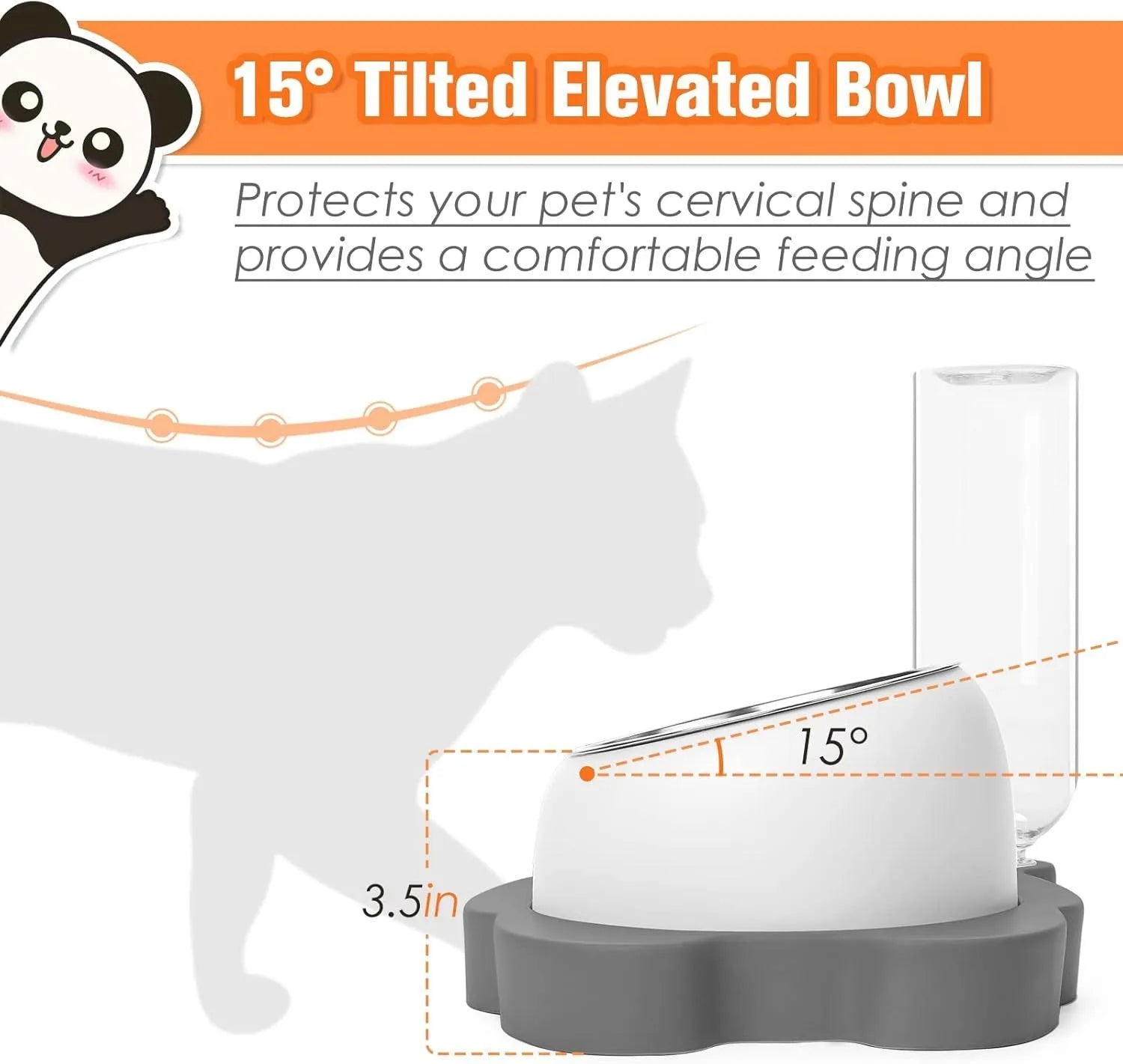 Panda-shaped pet feeder with tilted raised bowls and automatic water dispenser bottle