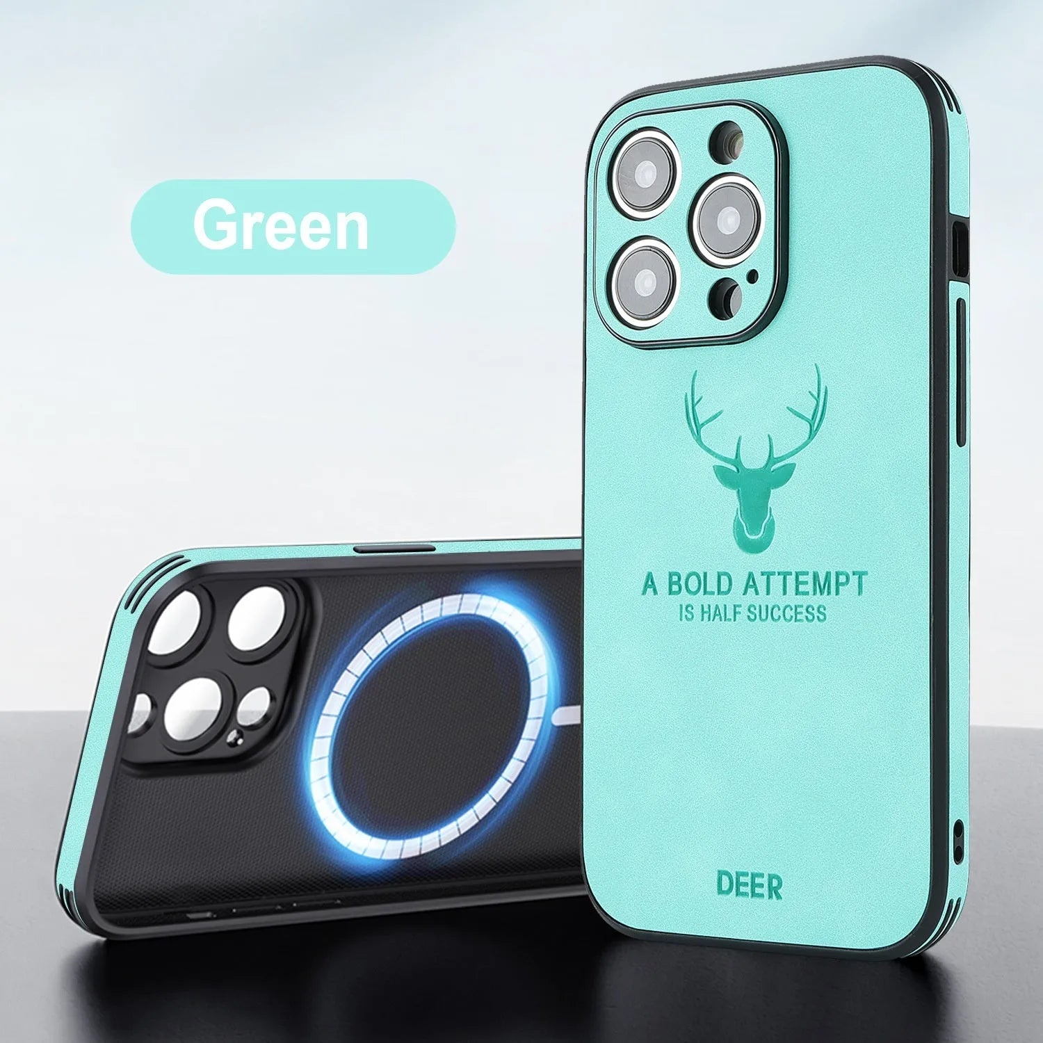 Magnetic charging iPhone 16 case with embossed moose head design in imitation leather material