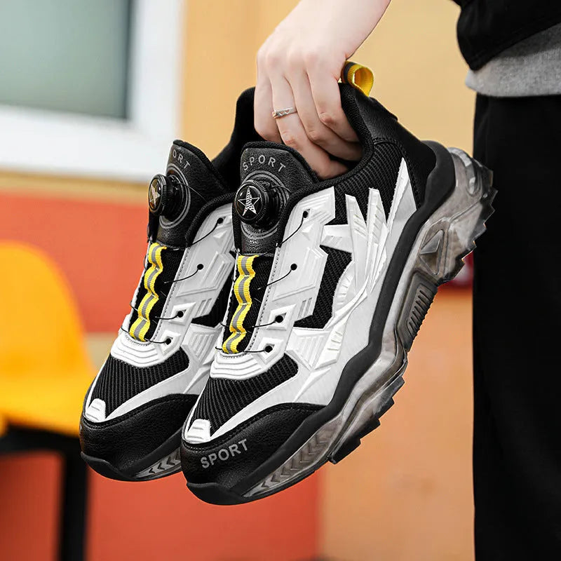 Men's black rotating button dad shoes with mesh upper and platform sole.