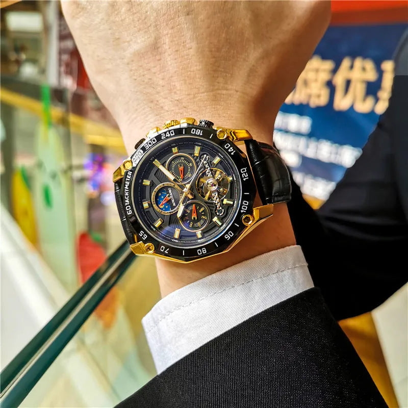 Men's automatic mechanical watch with 12mm case in black steel, silver, and gold finish options.
