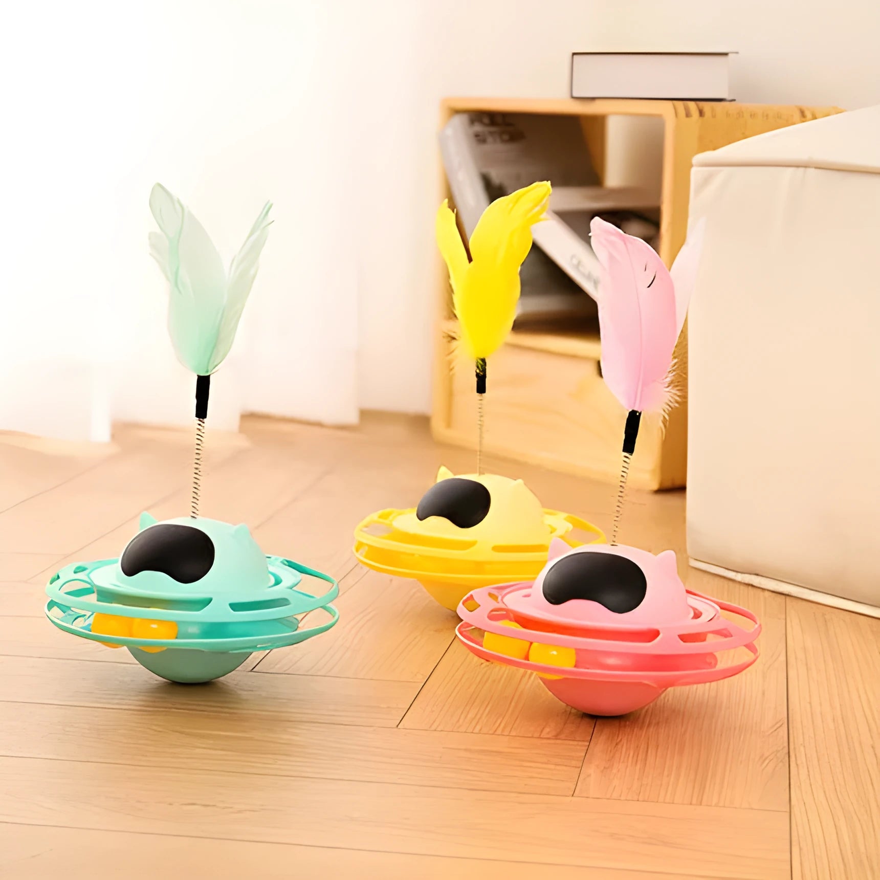 Pink cat stick toy with self-hi tumbler turntable measuring 17cm for indoor play
