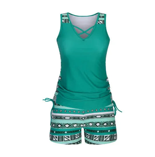 Women's printed lace two-piece swimsuit in blue, green, and navy blue colour options