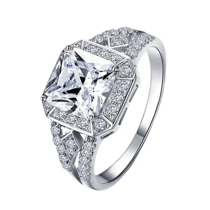Women's geometric hollow zircon ring with platinum colour finish and quadrilateral design