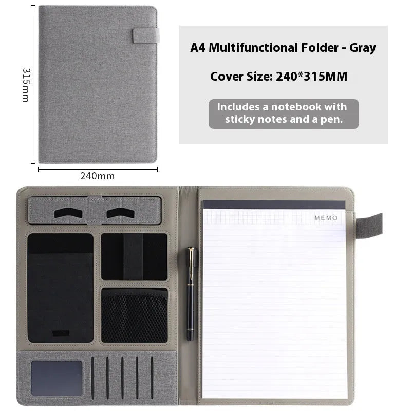 Black leather A4 business folder open to show document sleeve, pen loop, and notepad holder.