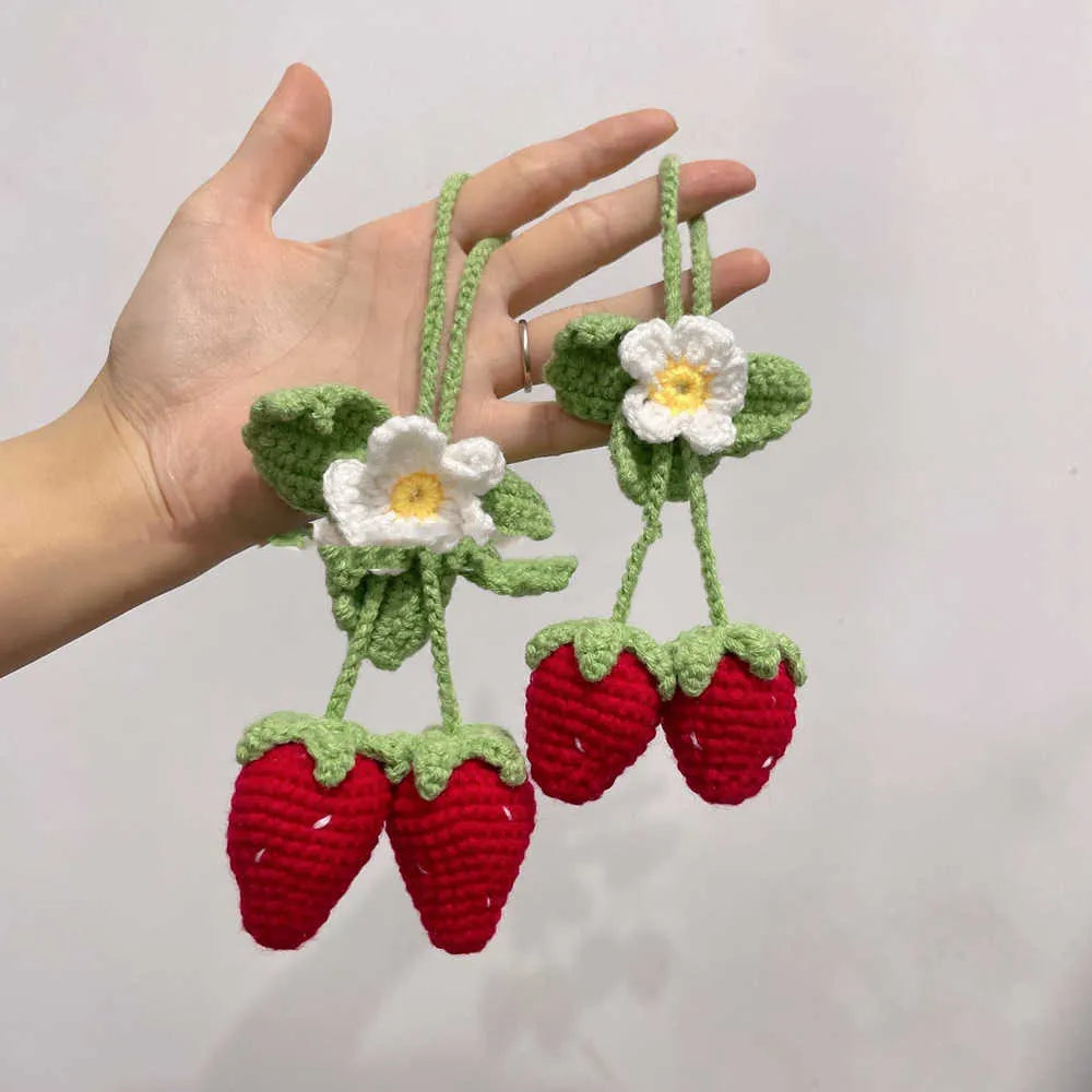 Handmade strawberry-shaped weaving pendant made from cotton and hemp for car decorative hanging